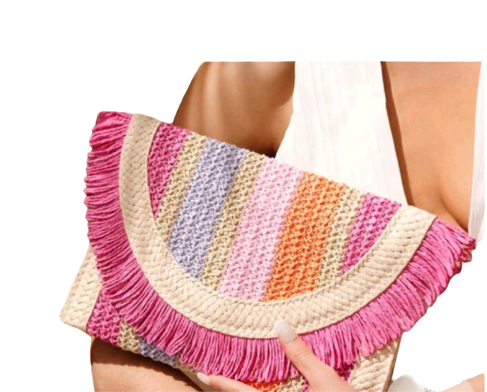 Striped pink straw clutch
