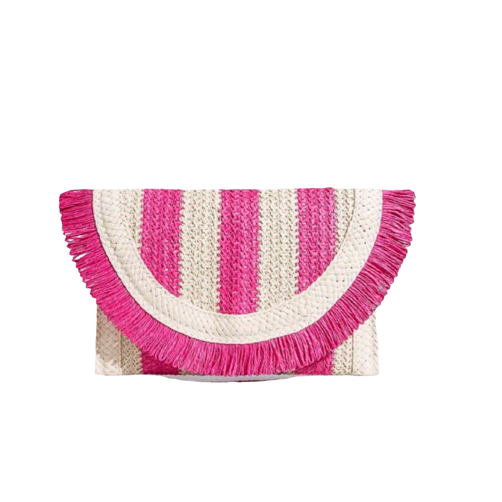 Pink striped straw clutch