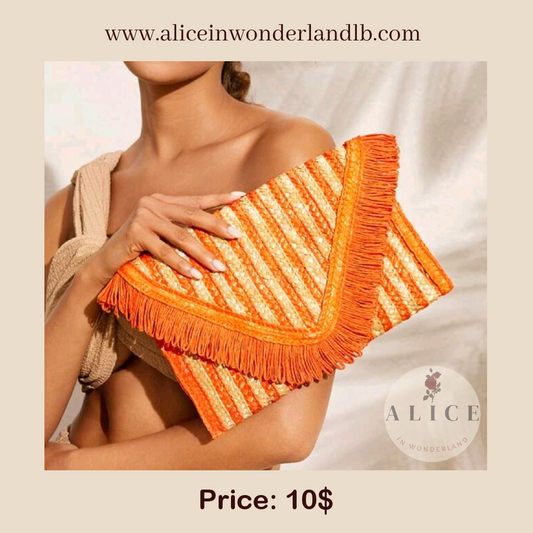 Orange striped straw clutch