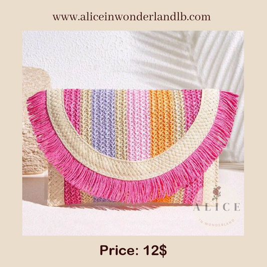 Striped pink straw clutch